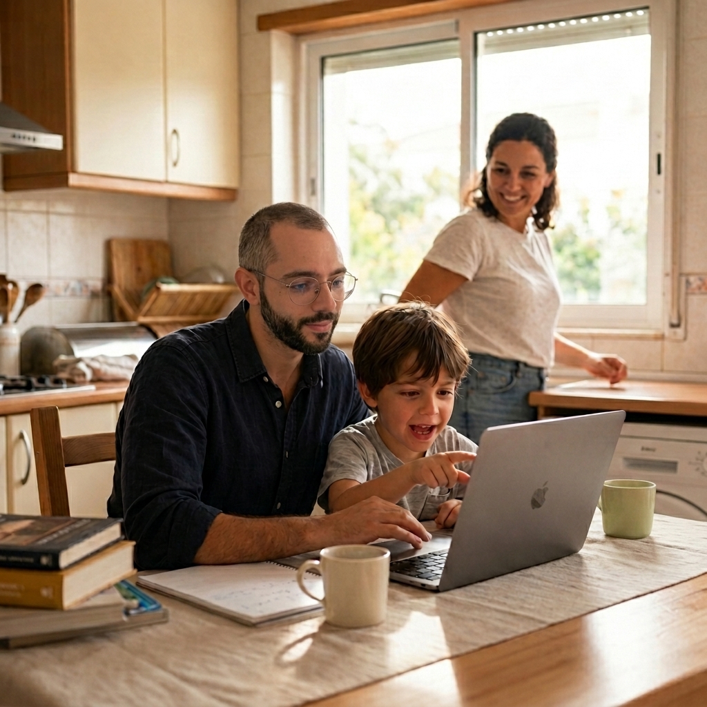 Jose and a child exploring a laptop together at a kitchen table while the child's mother looks on.